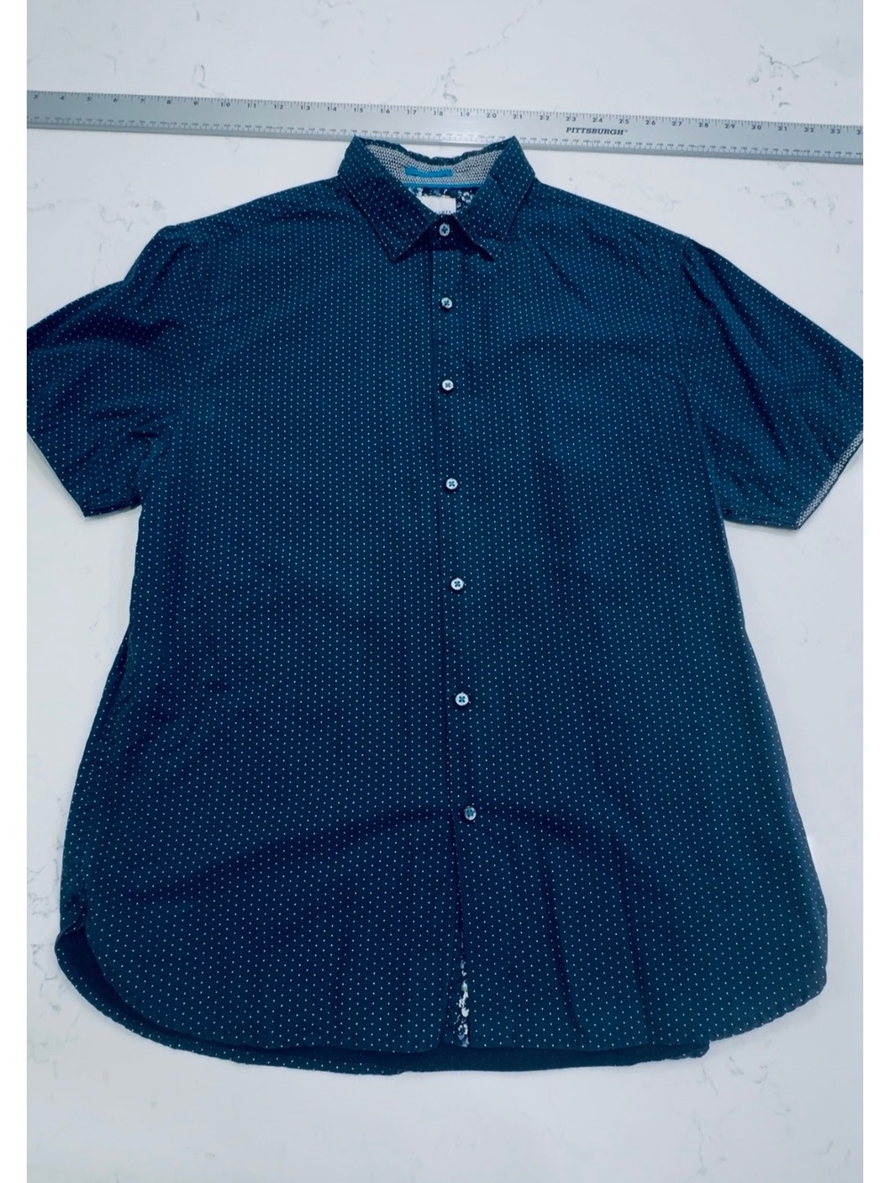 Denim & Flower Slim Fit Short Sleeve Button-Up Shirt - Navy Blue with Polka Dot